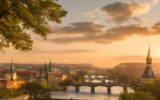Letenská pláň – výhled na Vltavu a Staré Město, lidé na trávě v podvečer