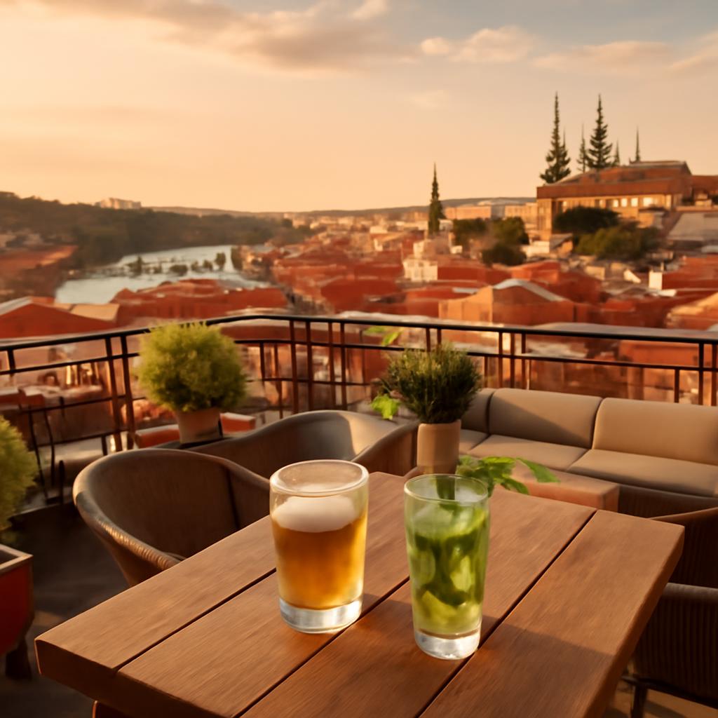 Letní terasa v Praze s výhledem na Vltavu a střechy