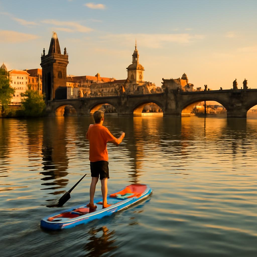Paddleboard na Vltavě v Praze za letního dne — pohled k centru