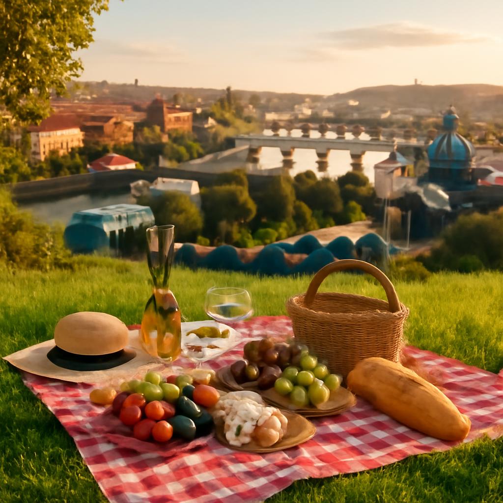 Letní piknik v pražském parku s výhledem na město a Vltavu