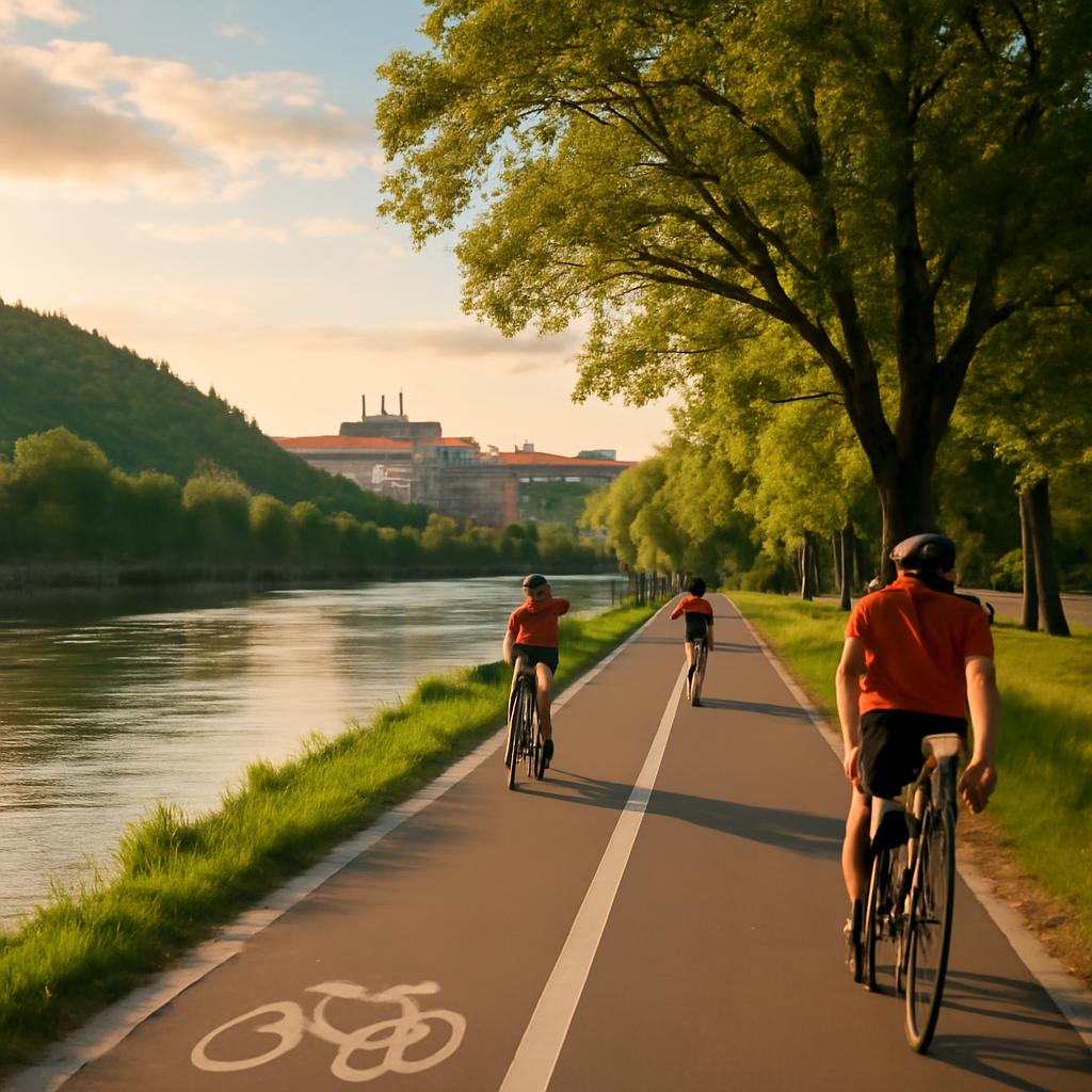 Pražské cyklotrasy – cyklisté podél Vltavy s výhledem na Letnou