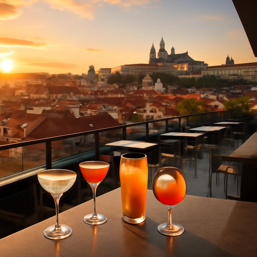 Rooftop bar v Praze s panoramatickým výhledem na střechy a Pražský hrad při západu slunce