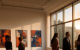Návštěvníci si prohlížejí výstavu současného umění v pražské galerii — léto 2026