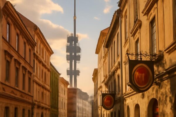 Žižkov v Praze: bohémská čtvrť s dlažbou, secesní domy a Žižkovská věž v pozadí