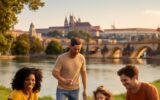 Letní piknik a grilování na břehu Vltavy v Praze s panoramatem města za podvečerního slunce