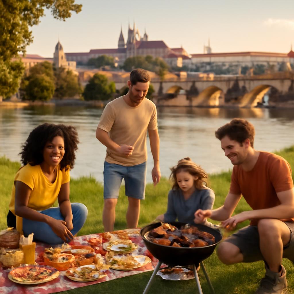 Letní piknik a grilování na břehu Vltavy v Praze s panoramatem města za podvečerního slunce