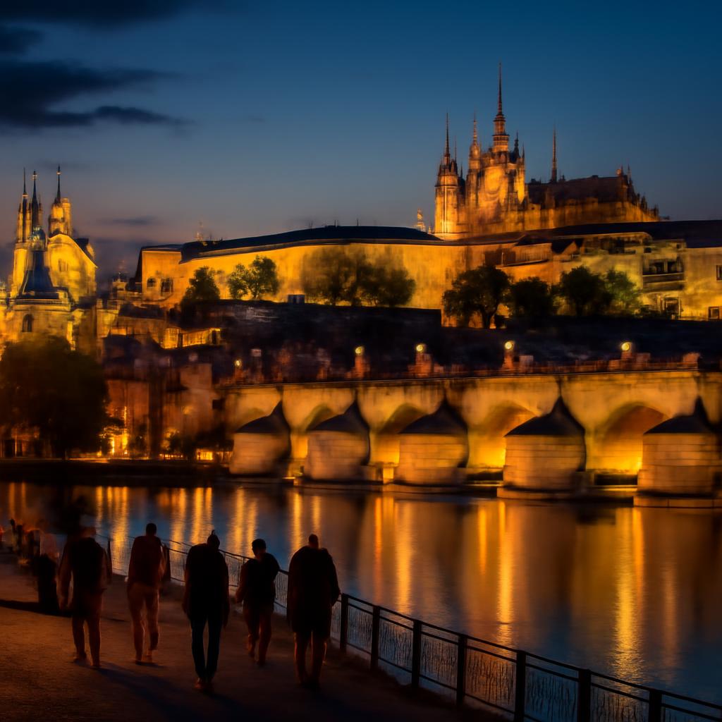 Letní noc v Praze – nasvícený Karlův most a Pražský hrad nad Vltavou
