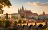 Letní Praha s výhledem na Vltavu, Karlův most a Pražský hrad za slunečného dne