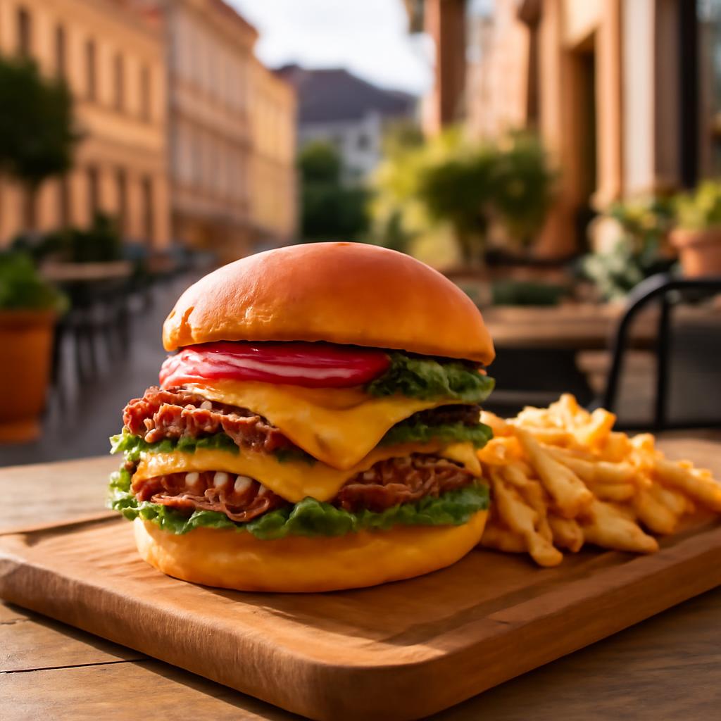 Gurmánský burger s hranolky na letní terase pražského bistra