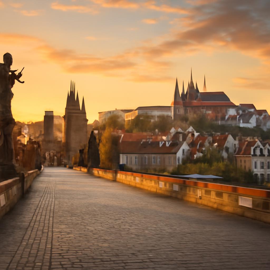 Karlův most a Pražský hrad nad Vltavou za ranního svítání, panorama historického centra Prahy