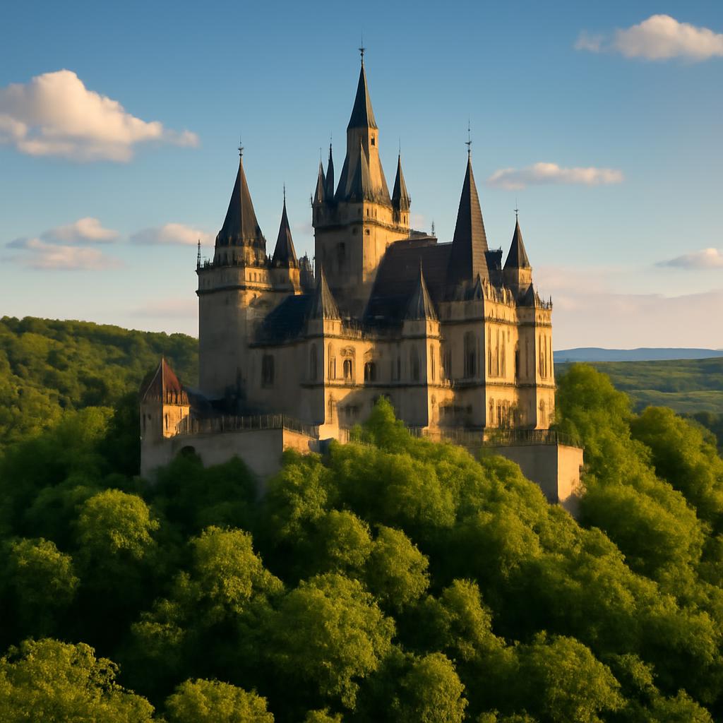 Středověký hrad na zalesněném kopci v okolí Prahy v létě