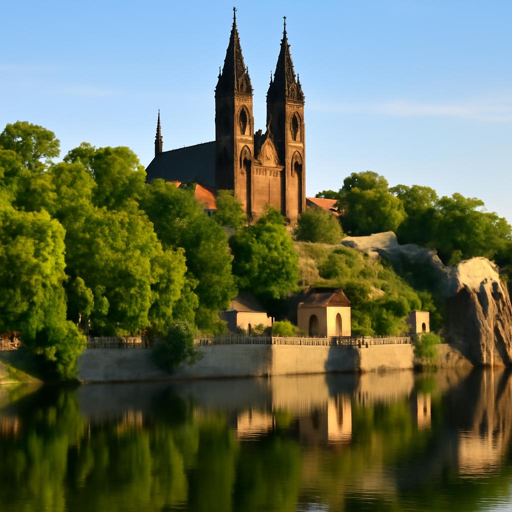 Bazilika sv. Petra a Pavla na Vyšehradě nad Vltavou v letní Praze