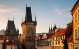 Královská cesta v Praze brzy ráno bez davů, pohled na Karlův most a Pražský hrad