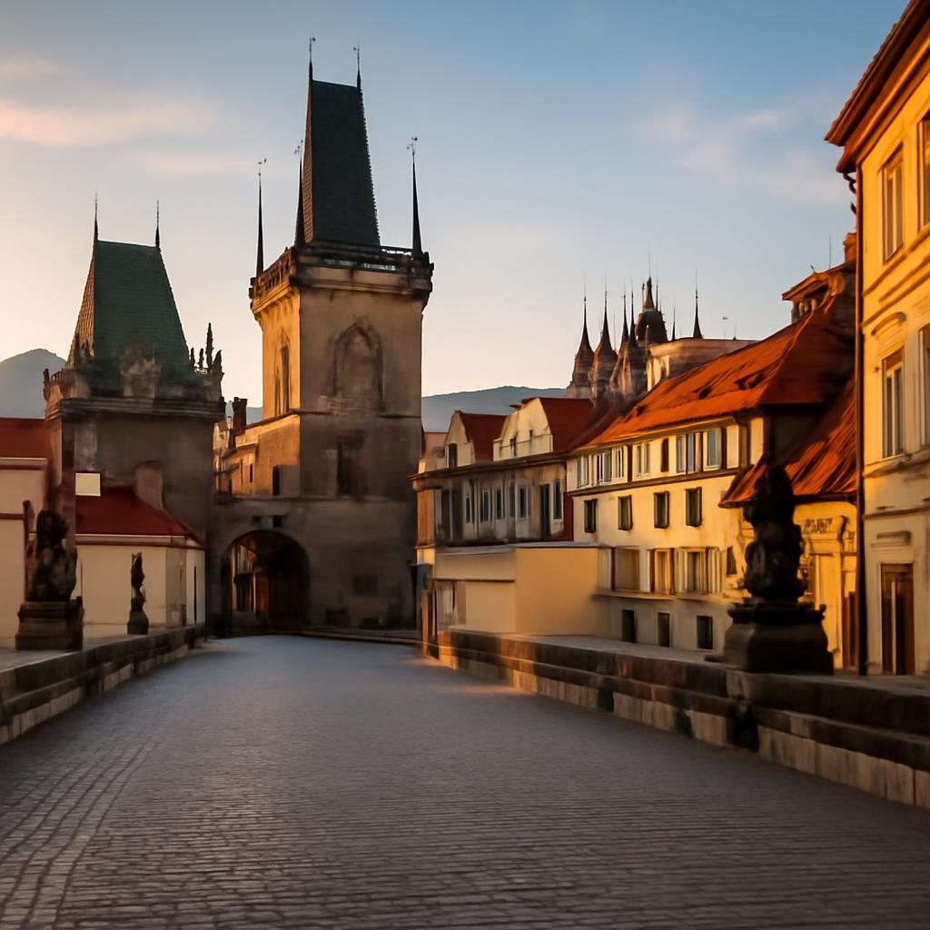 Královská cesta v Praze brzy ráno bez davů, pohled na Karlův most a Pražský hrad