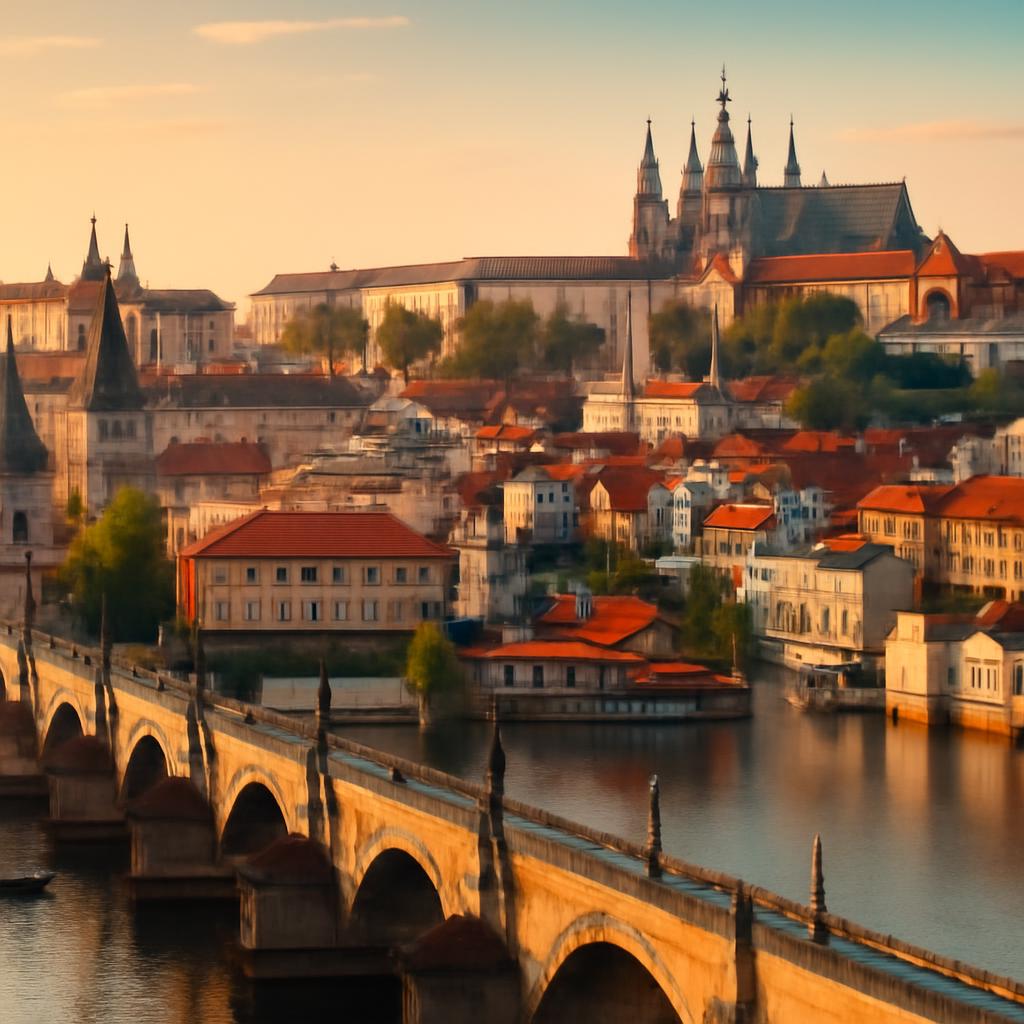 Letní Praha za 24 hodin – pohled na Karlův most a Pražský hrad v ranním světle