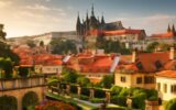 Barokní terasovitá zahrada v Praze s výhledem na Pražský hrad v letním světle