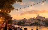 Letní pop-up bar u Vltavy s výhledem na pražské panorama