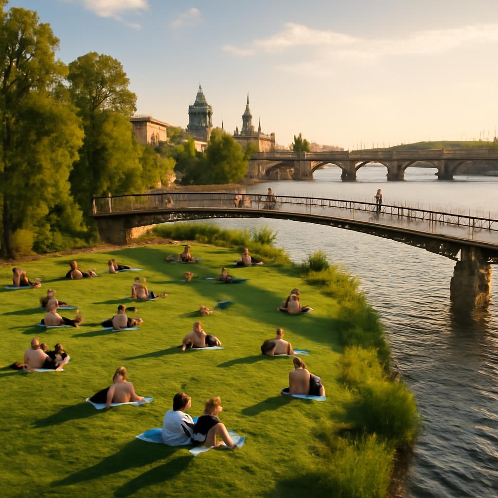 Zelený ostrov na Vltavě v Praze v letním podvečeru