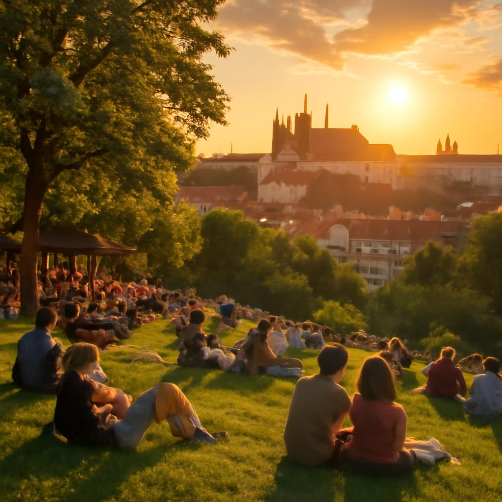 Lidé na svahu v Riegrových sadech při západu slunce s výhledem na Pražský hrad