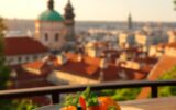 Letní sezónní pokrm s meruňkami a čerstvou zeleninou v pražské restauraci