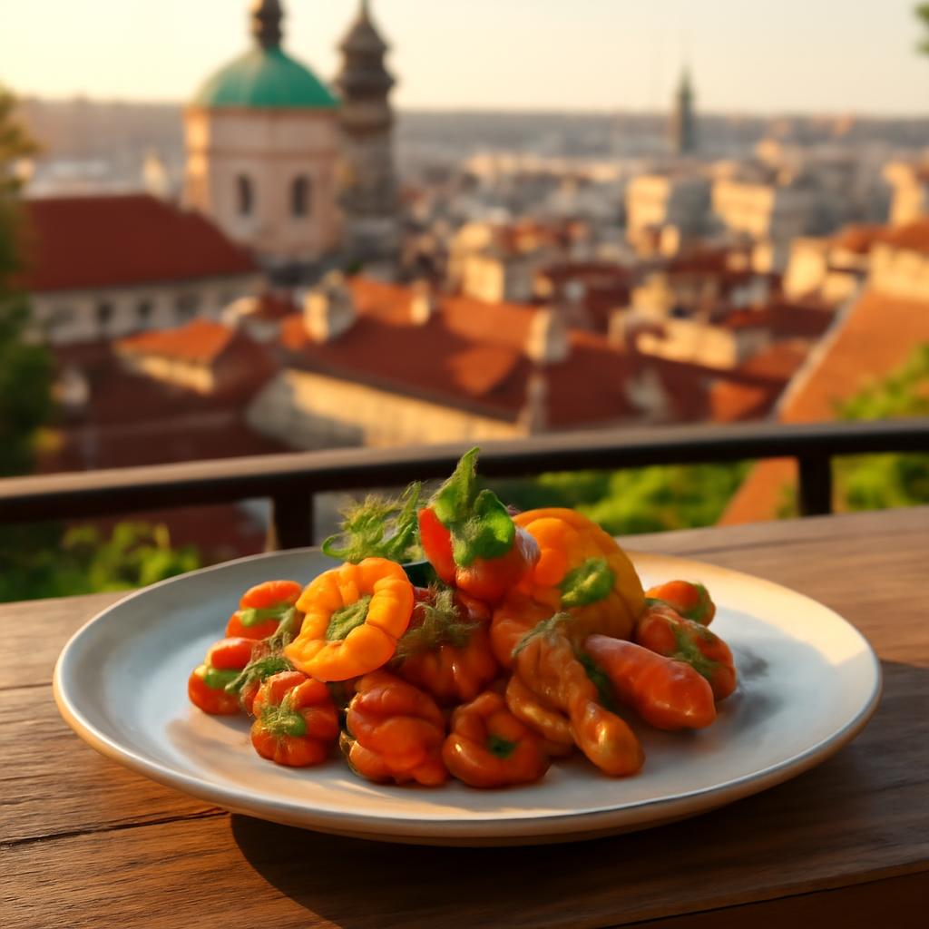 Letní sezónní pokrm s meruňkami a čerstvou zeleninou v pražské restauraci