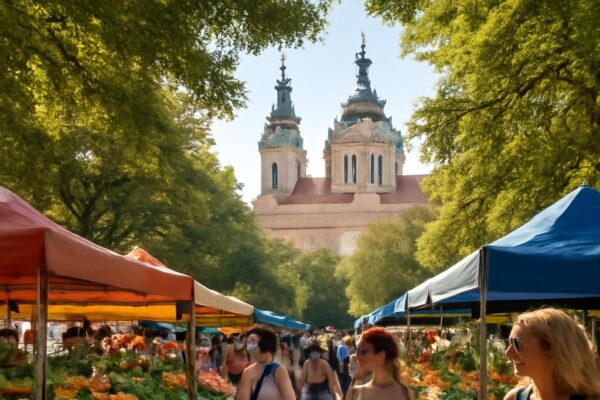Farmářské trhy na pražském náměstí v sobotní letní ráno