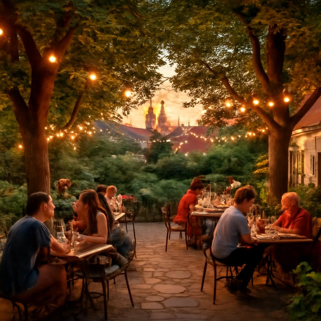Zahradní restaurace v Praze v letním podvečeru