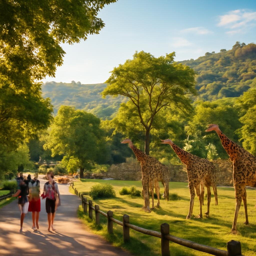 Pražská ZOO v létě – žirafy ve výběhu a návštěvníci ve stínu stromů