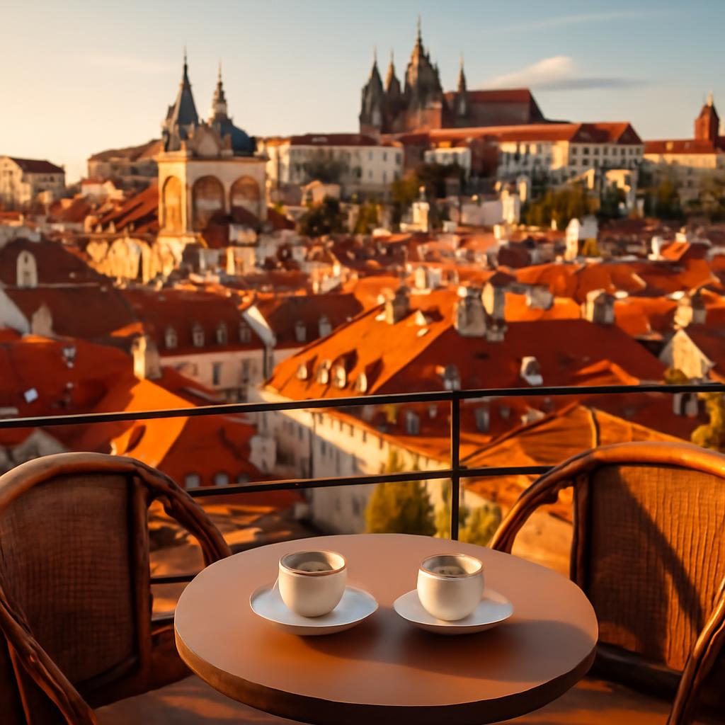 Kavárna s výhledem na pražské střechy a věže
