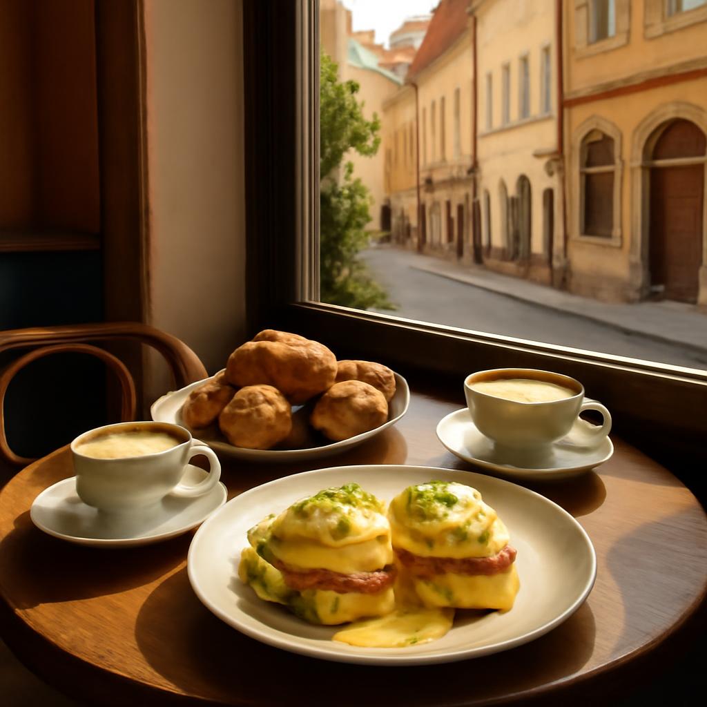 Víkendový brunch v pražské kavárně – vejce benedikt, pečivo a káva