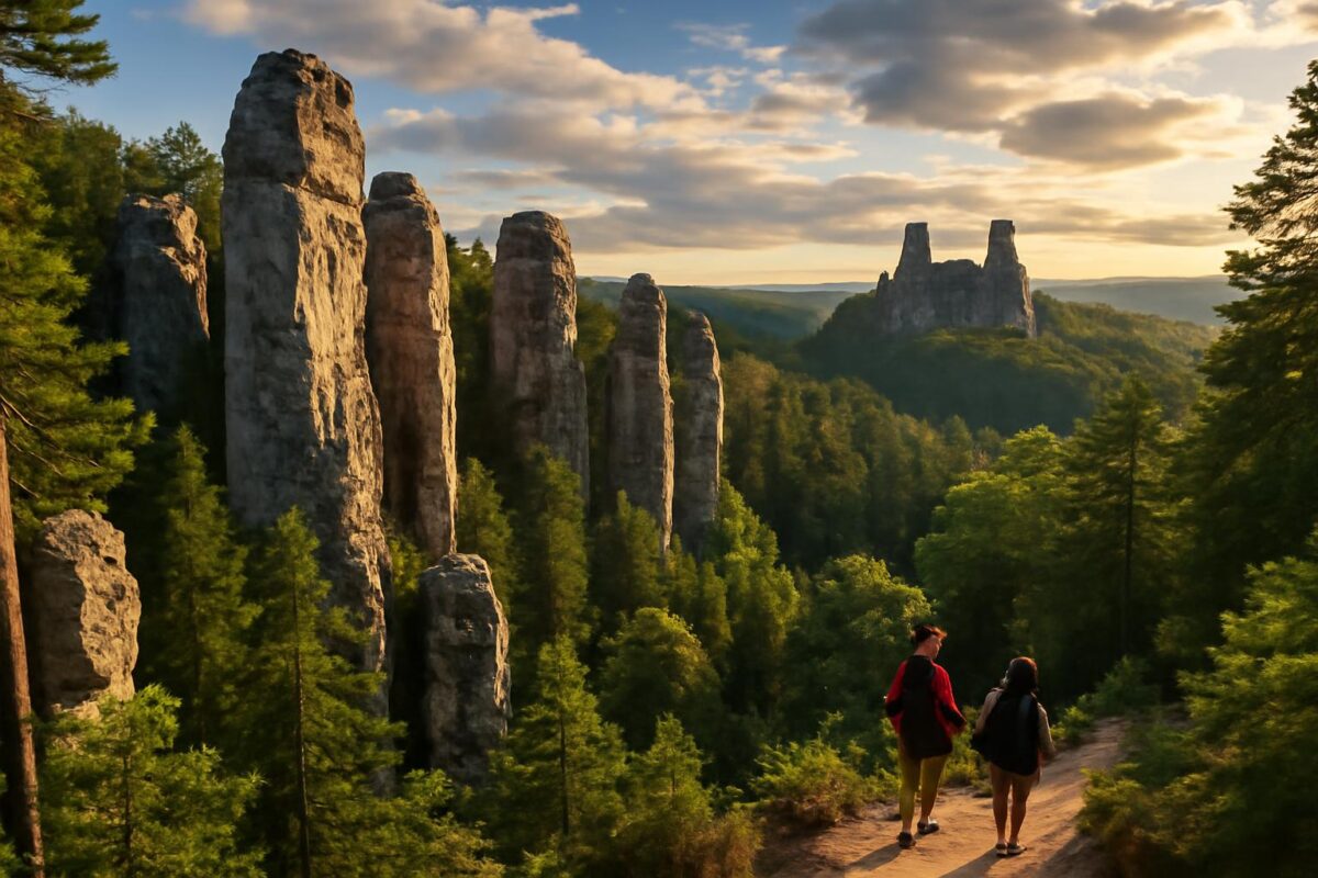 Pískovcové skály a hrad v Českém ráji v létě
