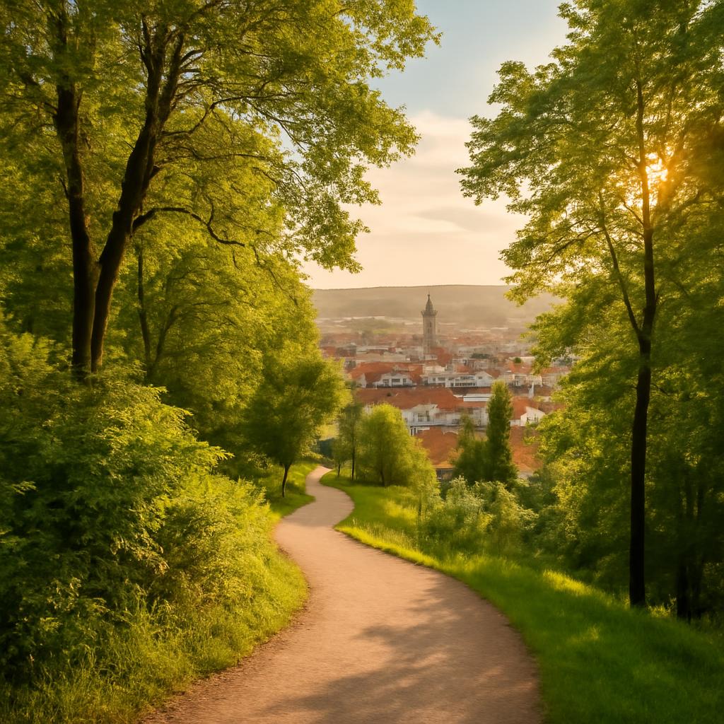 Kinského zahrada na svahu Petřína v létě, výhled na střechy Smíchova