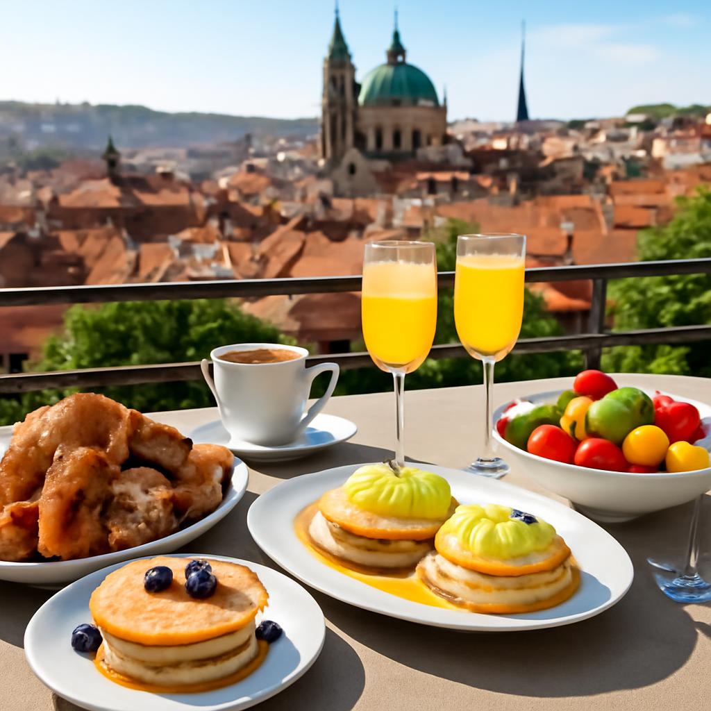 Letní brunch bufet na terase s výhledem na pražské střechy