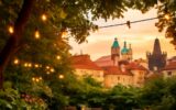 Letní zahrádka pražské restaurace s výhledem na historické domy