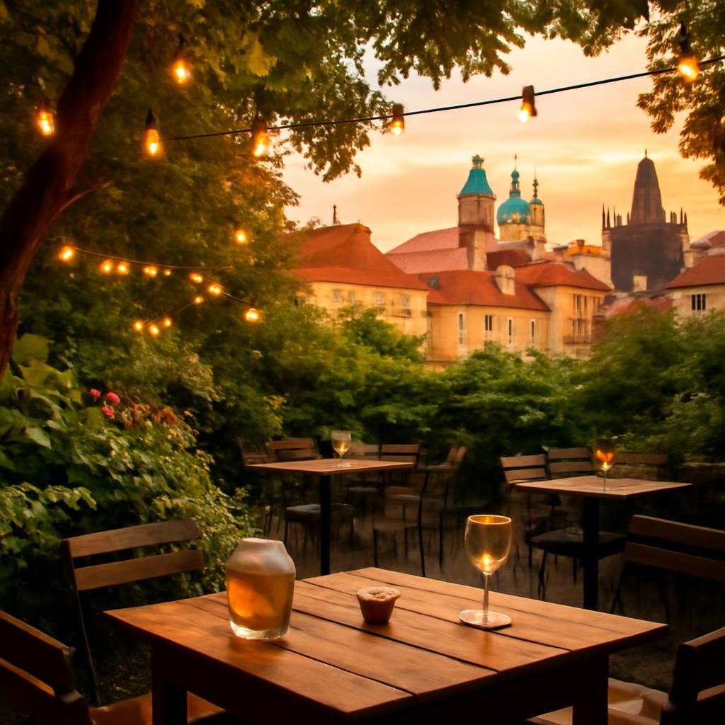 Letní zahrádka pražské restaurace s výhledem na historické domy