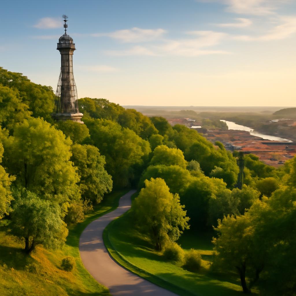 Petřín a rozhledna na konci léta, pohled přes zeleň na Prahu