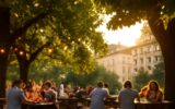 Pražská pivnice se zahrádkou v srpnu – pivo pod kaštany