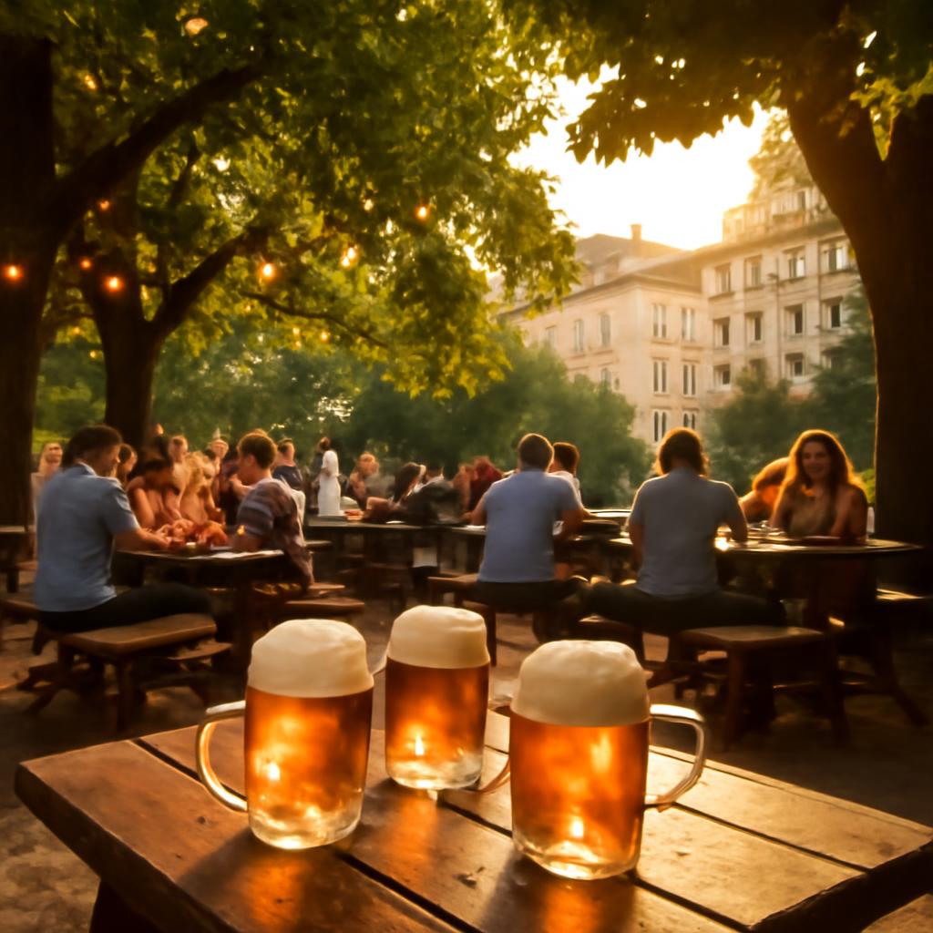 Pražská pivnice se zahrádkou v srpnu – pivo pod kaštany