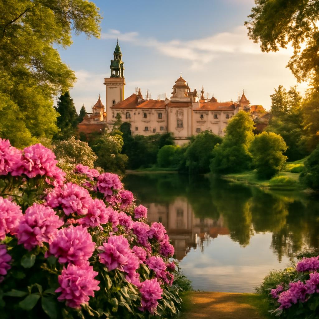 Průhonický park v létě – zámecký park s jezírkem a rododendrony u Prahy