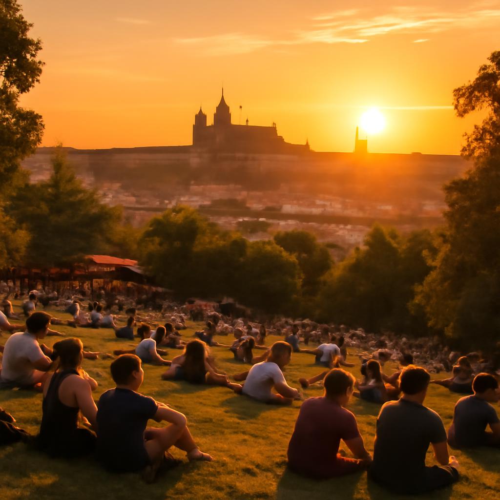 Riegrovy sady v Praze při západu slunce s výhledem na Pražský hrad