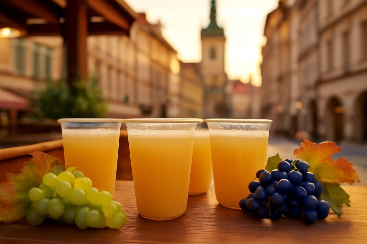 Burčák v Praze – sklenice mladého vína a hrozny na podzimním stánku