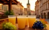 Burčák v Praze – sklenice mladého vína a hrozny na podzimním stánku