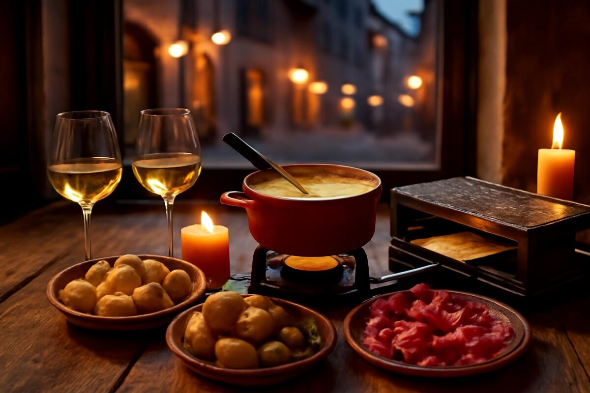 Sýrové fondue a raclette gril na stole v pražské restauraci, podzimní večer