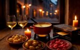 Sýrové fondue a raclette gril na stole v pražské restauraci, podzimní večer