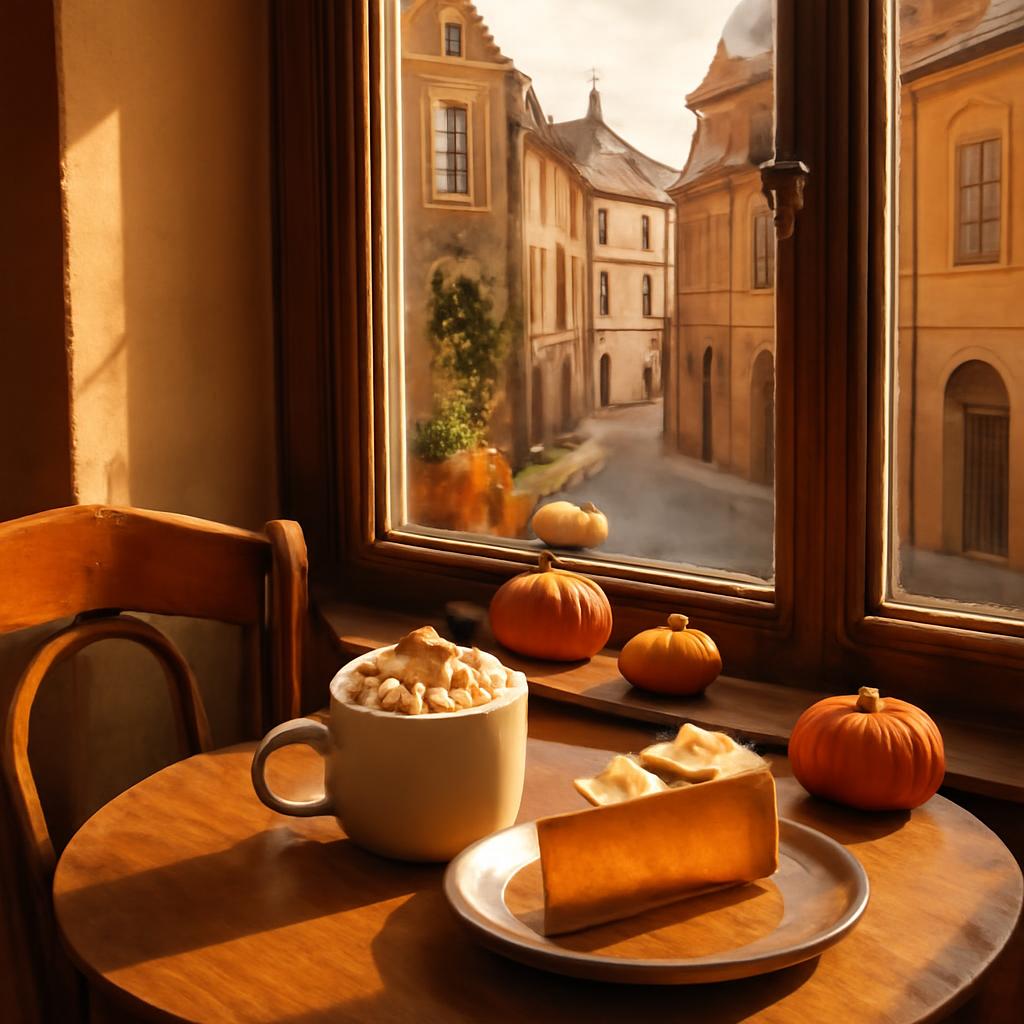 Dýňové latte a dýňový dezert v pražské kavárně na podzim