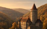 Hrad Křivoklát nad podzimními lesy Křivoklátska