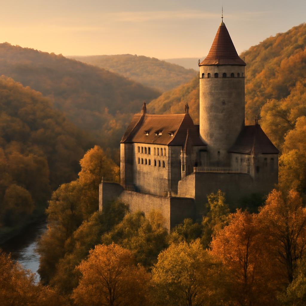 Hrad Křivoklát nad podzimními lesy Křivoklátska