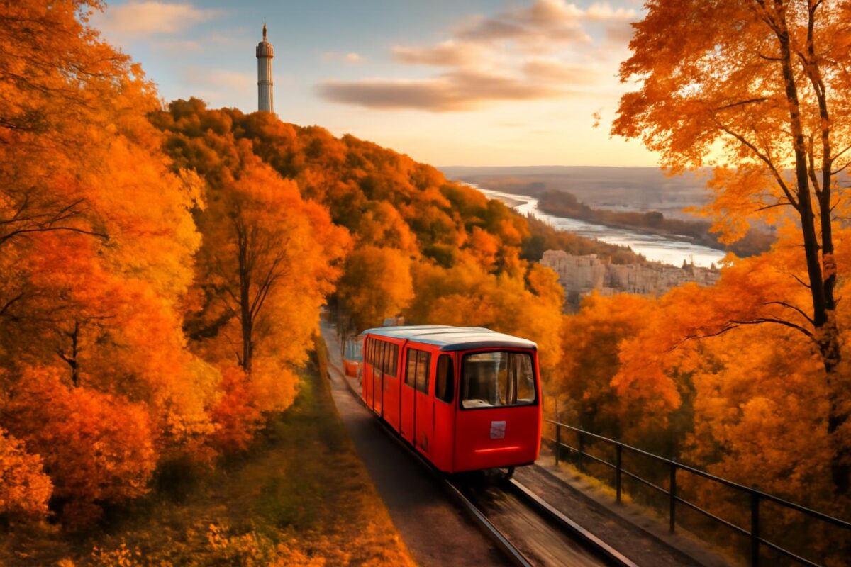 Podzimní Petřín v Praze s lanovkou a rozhlednou, barevné stromy nad městem