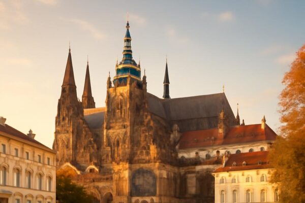 Nádvoří Pražského hradu a katedrála sv. Víta v ranním podzimním světle