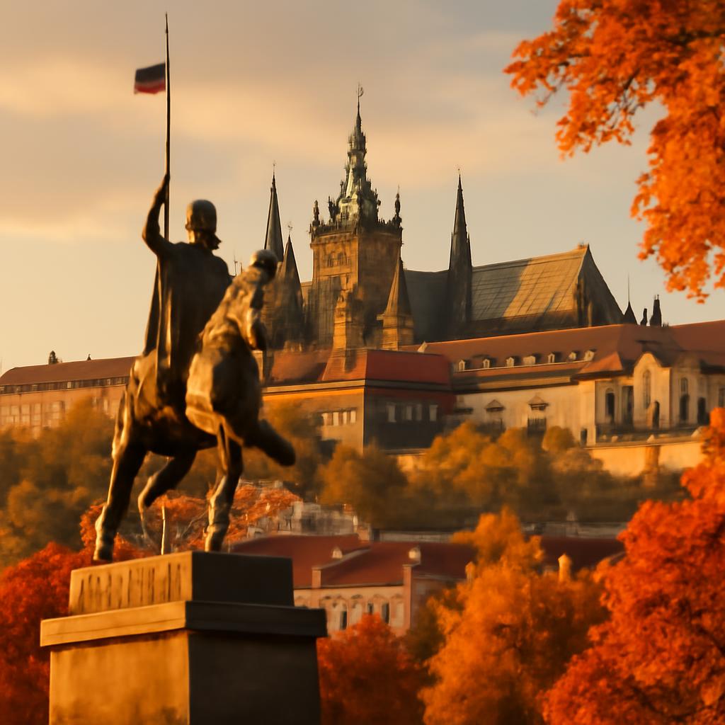 Pražský hrad a katedrála svatého Víta v podzimním světle o svátku svatého Václava